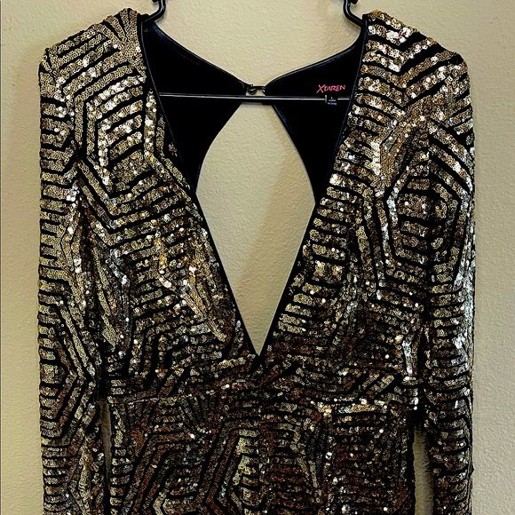 Xtaren Pants - Gold/Black Glam Low-Cut Sequence Romper